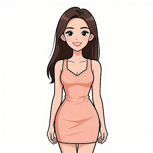 Digital anime-style drawing of a smiling Asian woman with long black hair, wearing a tight, pink, sleeveless dress, standing against a plain white background