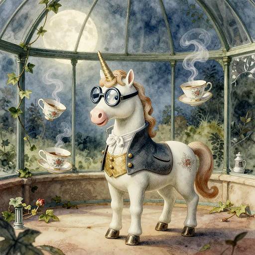 Whimsical Porcelain Unicorn in Moonlit Greenhouse