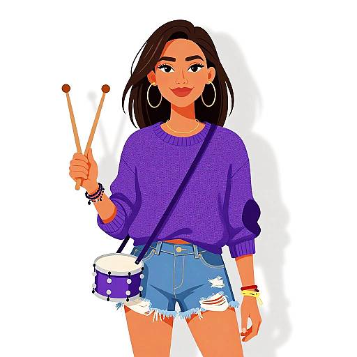Digital illustration of a tan-skinned woman with black hair, wearing a purple sweater, blue denim shorts, holding chopsticks, and a polka-dot