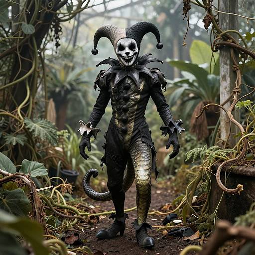 Digital art: Jester-like figure with black, textured outfit, white mask, and jester hat, standing in a dense, foggy jungle.