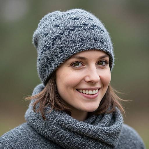 Photograph of a smiling woman with fair skin and brown hair, wearing a textured gray knit hat and matching scarf, against a blurred green and brown outdoor