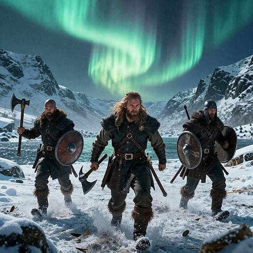 Three Viking warriors in dark armor with axes and shields march through snowy landscape under glowing green Northern Lights. Photograph.