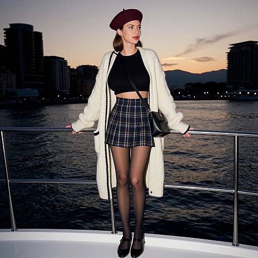 Photograph of a young woman in a beret, white coat, black crop top, plaid skirt, black tights, and black boots,