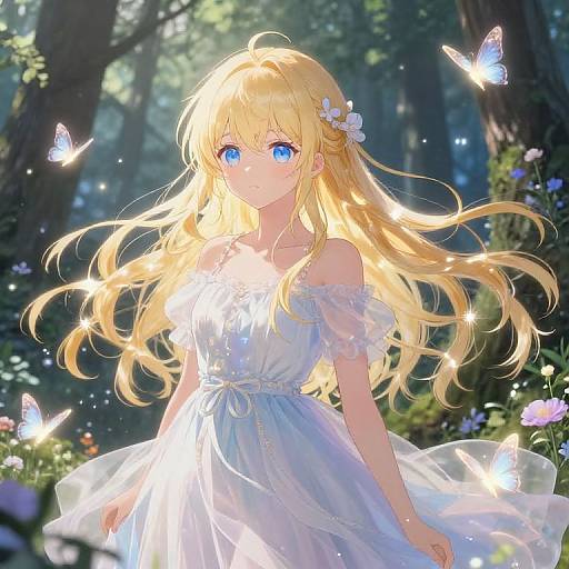 Anime-style digital illustration of a blonde girl with blue eyes, wearing a white, off-shoulder dress, surrounded by glowing butterflies in a magical forest