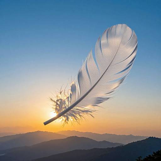 Photograph of a delicate, translucent feather silhouetted against a vibrant sunset, with layers of mountain ranges and a gradient sky from orange to blue