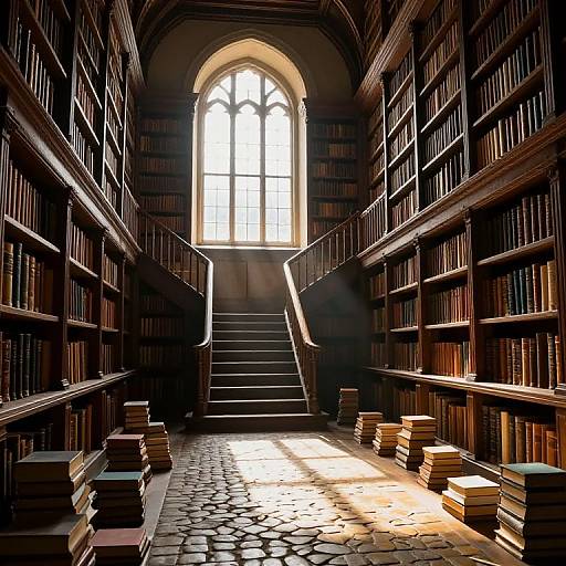 Photograph of a dimly lit, historic library with tall, wooden bookshelves, stacks of books on the floor, sunlight streaming through an ar