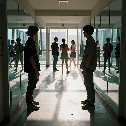 Photograph of silhouetted people in a sunlit, glass-walled corridor; two figures in foreground, others in background, reflections on walls