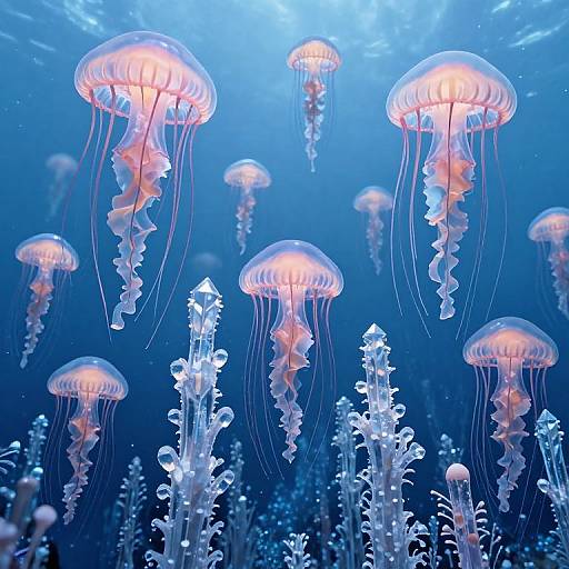 Photograph of glowing jellyfish with translucent, pink-tinged bell-shaped bodies and delicate, flowing tentacles in a deep blue underwater scene.