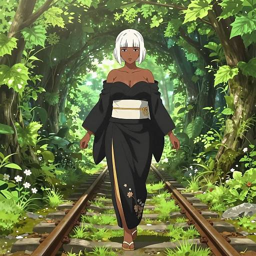 Anime-style digital artwork of a dark-skinned woman with white bob-cut hair, wearing a black off-shoulder kimono, white obi,