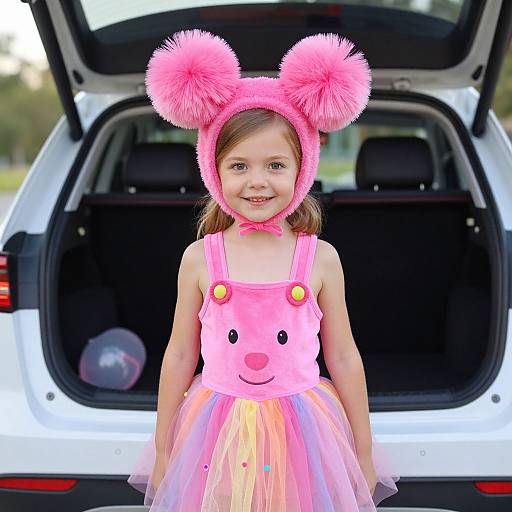 Photograph of a young girl with pink bear ears headband, pink bear onesie, and pastel tulle skirt, standing in front of an