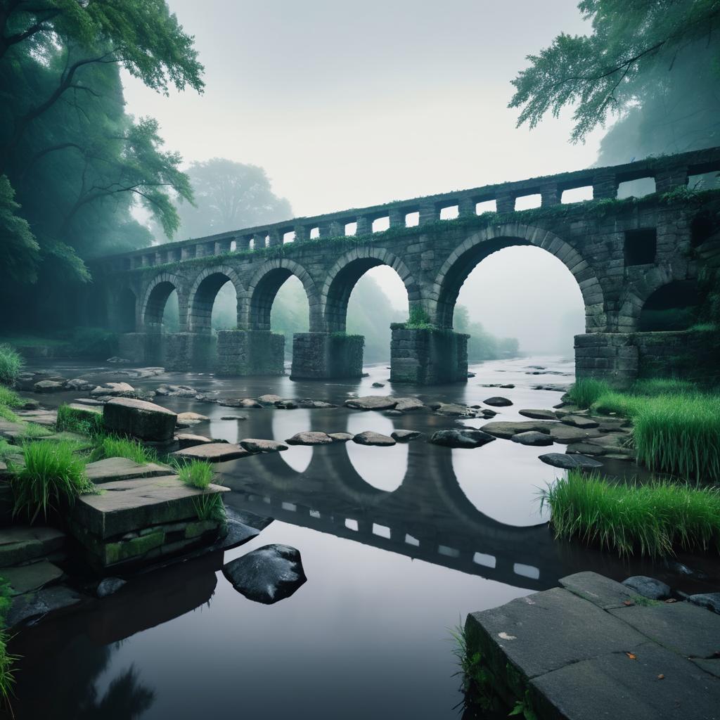 Ancient Stone Bridge Over Misty River