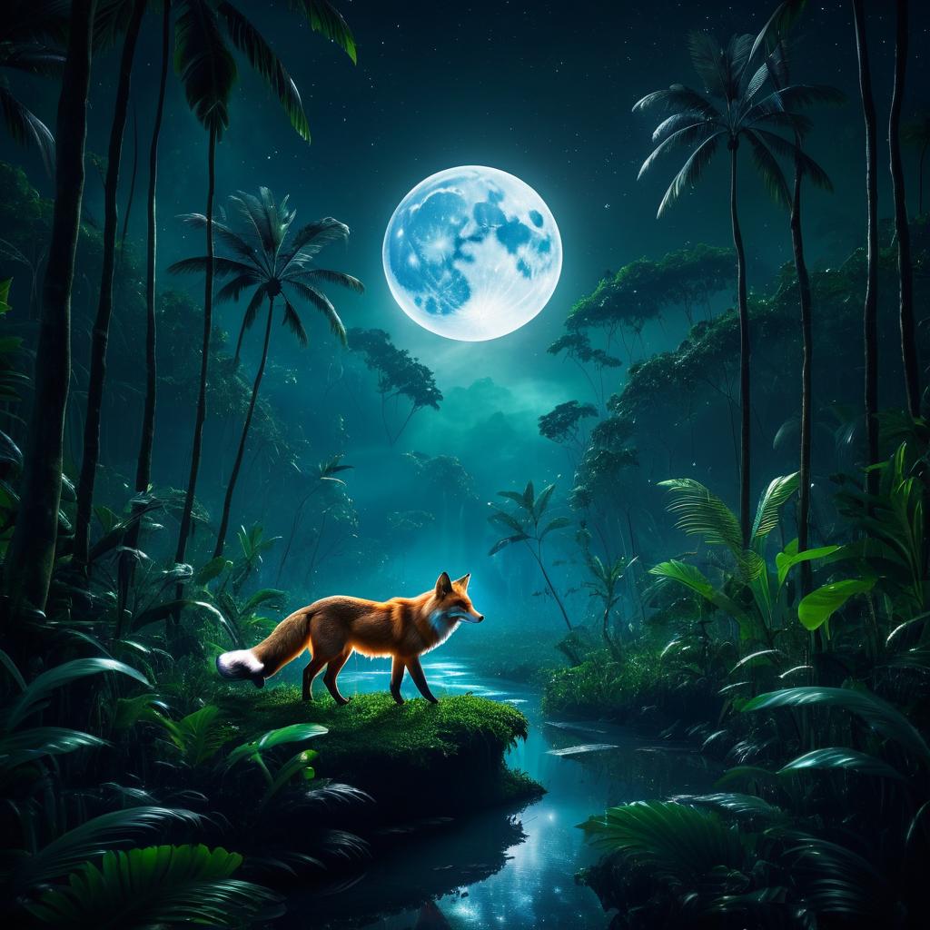 Mystical Fox in a Moonlit Jungle