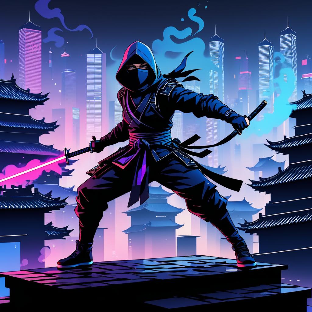 Ninja Assassin in Shadowy Cityscape