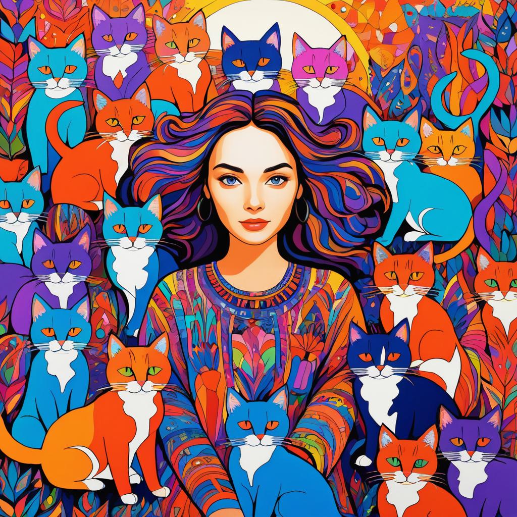 Psychedelic Cats Surrounding a Young Woman