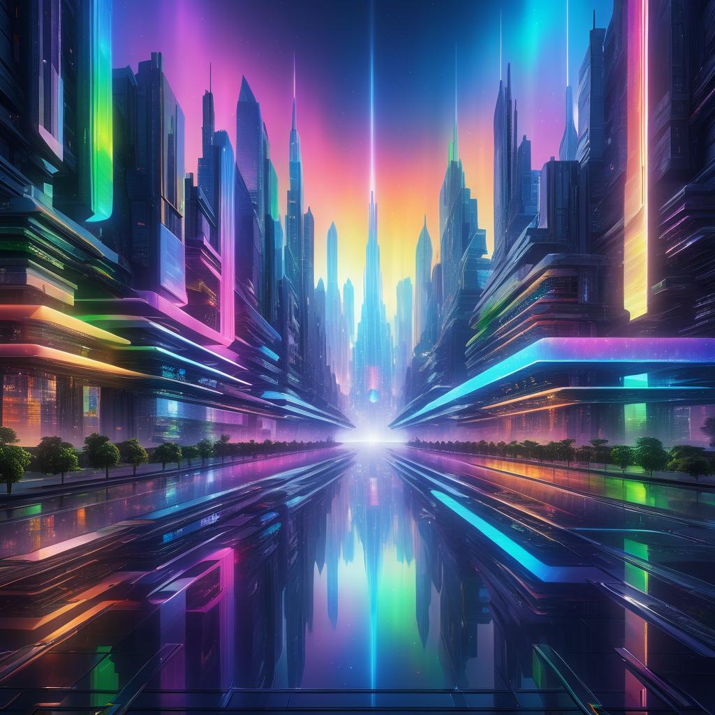 Futuristic Cityscape with Volumetric Rainbows