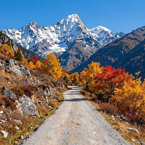 Autumn Path to Snowy Mountains
