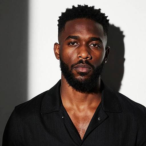 Photograph of a muscular, dark-skinned Black man with a short, curly afro, full beard, and intense gaze, wearing a black button