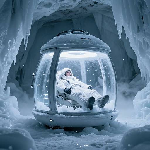 Photograph of a person in a white spacesuit, reclining inside a snow-covered, illuminated glass dome in an icy cave.