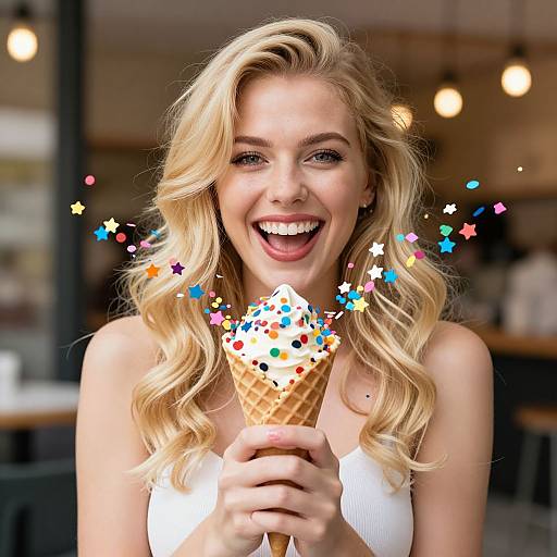 Blonde woman with wavy hair, smiling widely, holding a colorful ice cream cone with sprinkles, star-shaped sparkles around her, in a