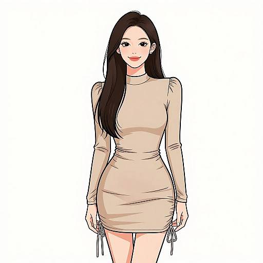Digital illustration of a smiling Asian woman with long black hair, wearing a tight, beige, long-sleeve mini dress with side ties, standing against
