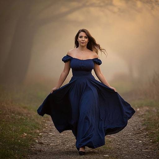 Photograph of a brunette woman in an off-shoulder, navy blue dress, twirling on a misty, forest path with golden sunlight.