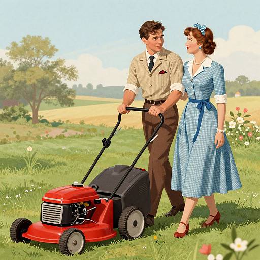 Retro Couple Lawn Care Illustration