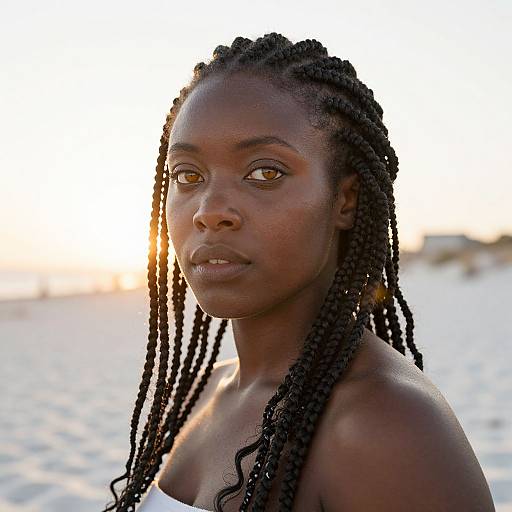 Photograph of a dark-skinned woman with long, twisted black hair, standing on a sunlit beach, wearing a white strapless top.