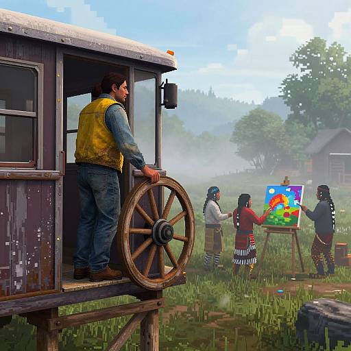 Digital illustration of a man in a yellow vest and jeans standing in a wooden wagon, watching five children paint outdoors. Bright, colorful artwork displayed on an