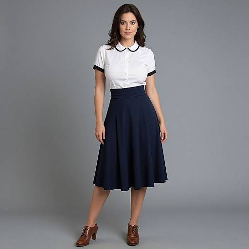 Photograph of a young woman with dark hair, wearing a white short-sleeve shirt with black trim, navy skirt, and brown lace-up shoes