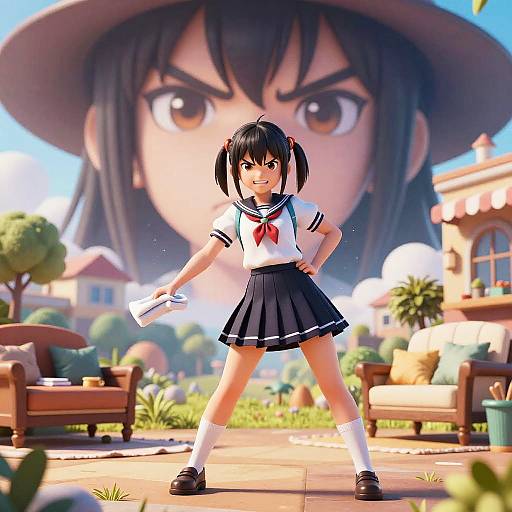 Digital anime-style drawing of a determined young girl in a sailor uniform, holding a pen, with a large, intense-eyed background.