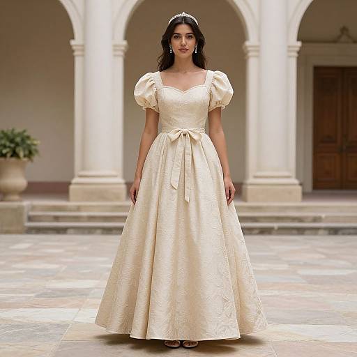 Photograph of a dark-haired woman in an ivory, puffed-sleeve, satin ball gown, standing in a sunlit, arched,