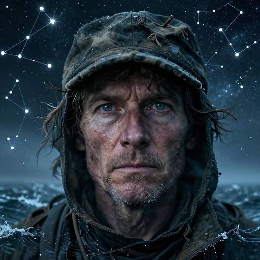 Photorealistic portrait of a rugged, bearded man with blue eyes, wearing a dirty, weathered military cap, against a starry, icy