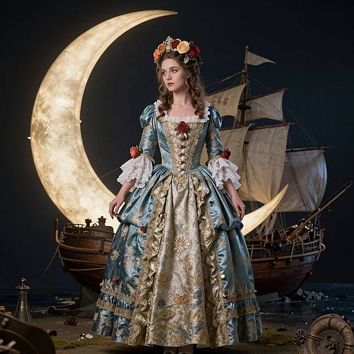 Photograph of a fair-skinned woman in an ornate, blue and gold Victorian dress with floral headpiece, standing before a glowing crescent moon