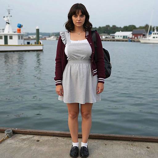 Woman in Pinafore Dress at Harbor Pier