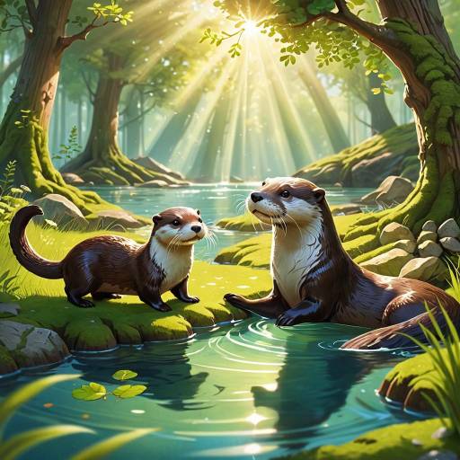 Otters by Sunlit Forest Stream