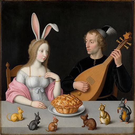 Renaissance painting of a woman with bunny ears, pink shawl, and white dress, seated opposite a man playing a lute, with various