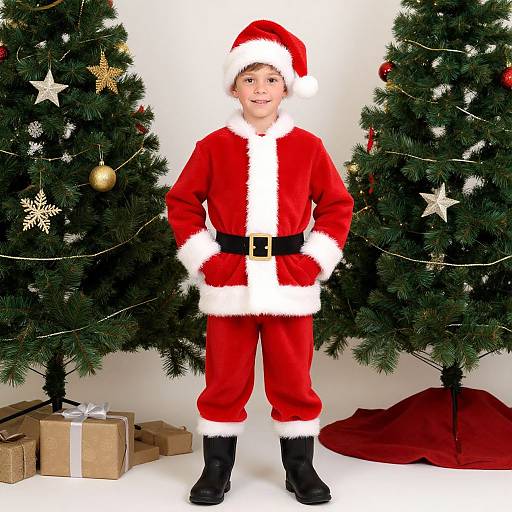 Photograph of a young boy in a Santa Claus outfit standing between two decorated Christmas trees with presents and a red sack.