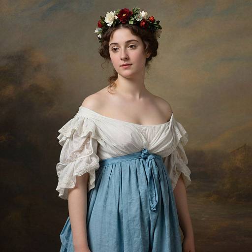 Photograph of a young woman with fair skin, dark curly hair, wearing a white off-shoulder blouse, blue skirt, and floral crown,
