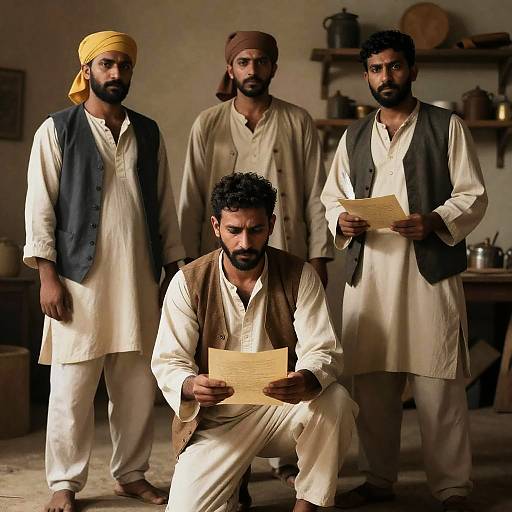 Men in Rustic Room with Parchment