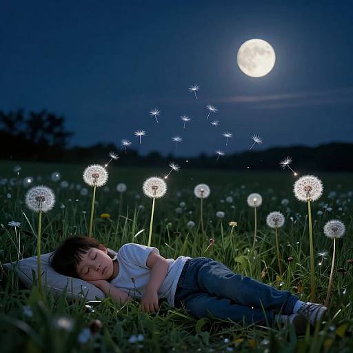 Photograph of a sleeping child in a moonlit field, surrounded by dandelions, with a bright full moon in the dark blue night sky.
