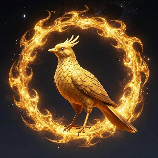 Digital artwork of a golden phoenix with fiery feathers and a glowing crest, standing on a flame ring against a dark starry background.