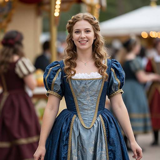 Photograph of a smiling young woman with wavy brown hair, wearing a blue and gold Renaissance-style dress, standing in a festive outdoor market with blurred