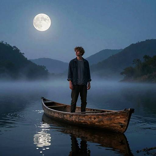 Tranquil Canoe at Misty Moonlight