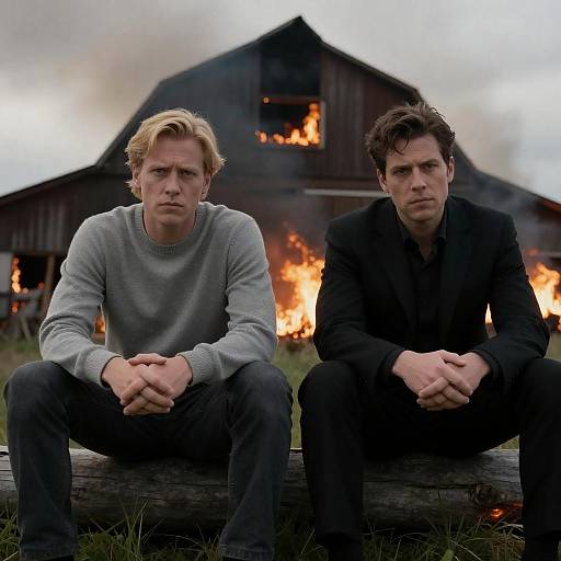 Two Men Sitting in Front of Burning Barn