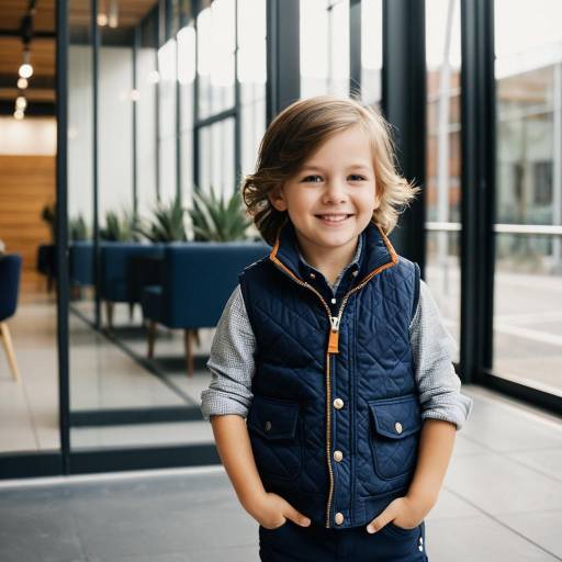 Smiling toddler boy in navy quilted vest