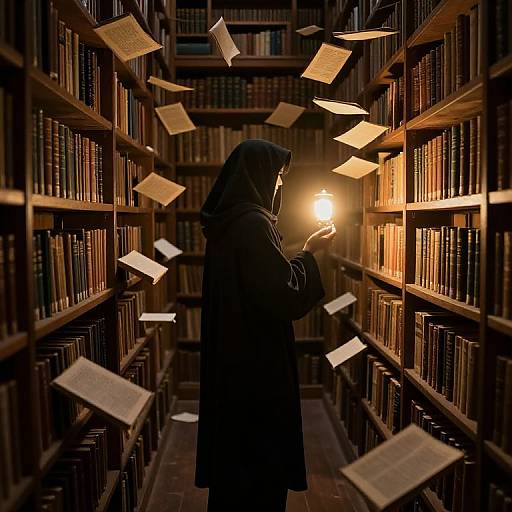 Photograph of a hooded figure in a dimly lit library, surrounded by floating books, illuminated by a single light bulb.