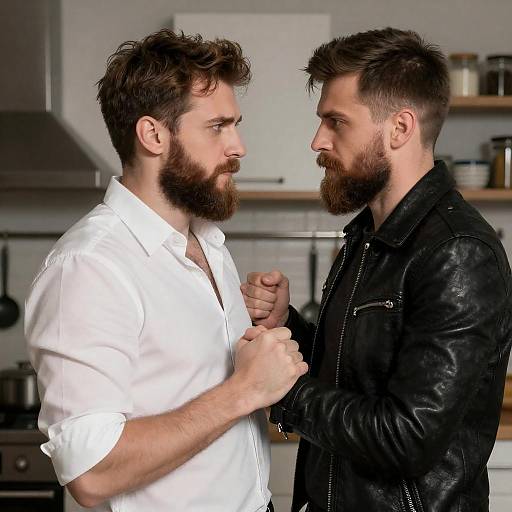 Intense Kitchen Encounter of Two Bearded Men