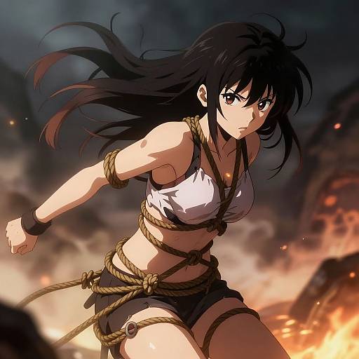 Anime-style digital illustration of a determined, black-haired woman with bound arms and legs, wearing a white tank top and black shorts, running through a fiery