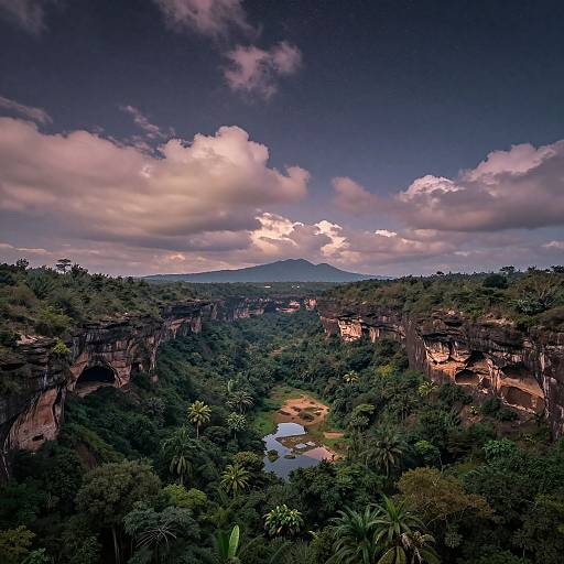 Photograph of a lush, tropical jungle canyon with towering cliffs, dense greenery, a small pond, and a mountain in the background under a dramatic