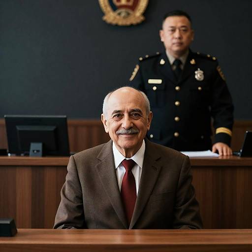 Courtroom Scene with Smiling Older Man